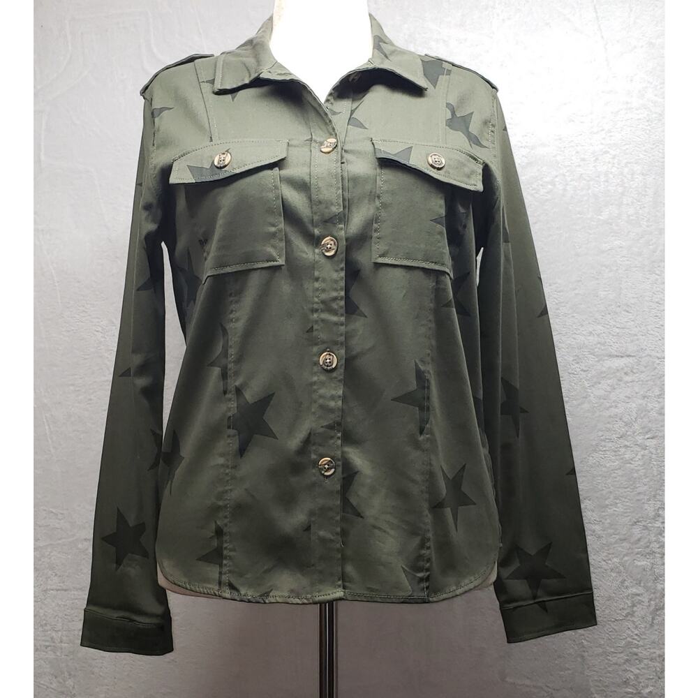Knox Rose Celestial Star Olive Green Utility Shacket Button Front Shirt Large